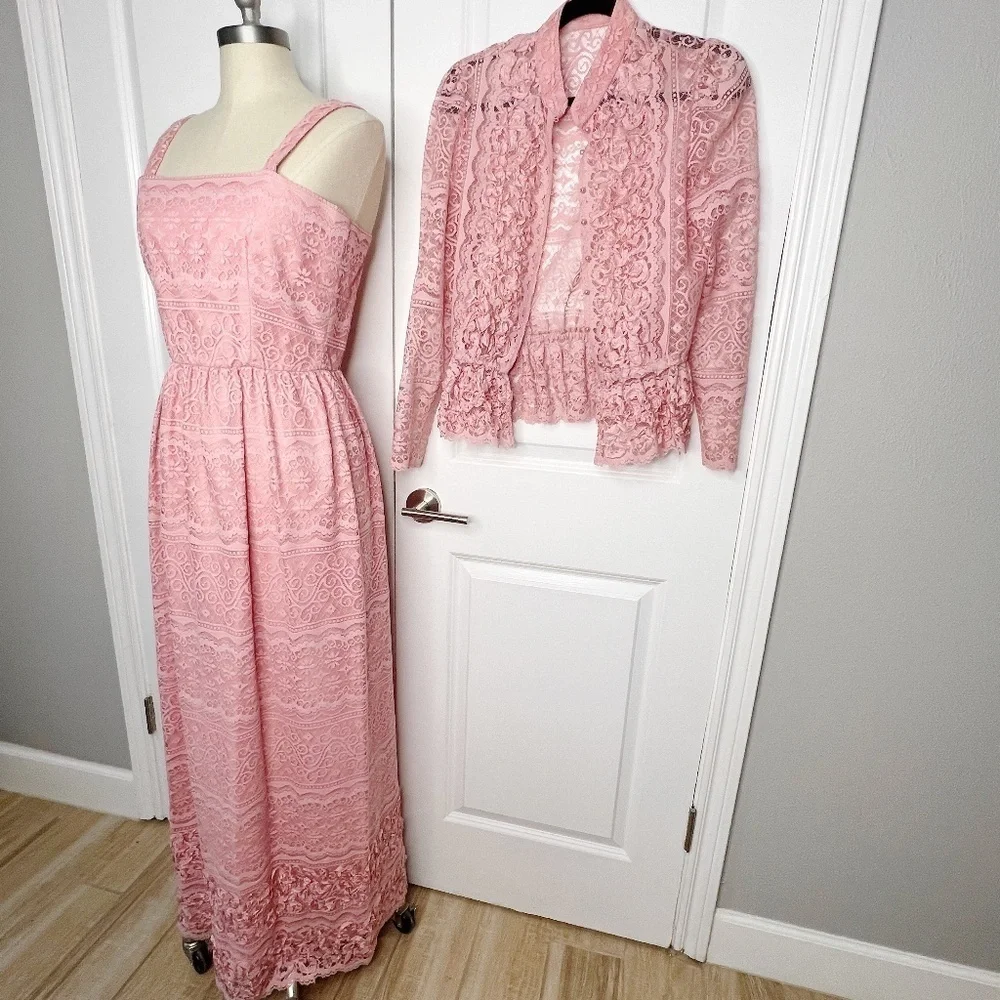 Vintage Pink Lace Maxi Dress with Matching Jacket Formal Evening Gown Set Pink